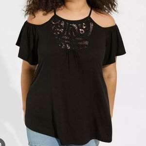 Torrid Casual Super Soft Slub High Neck Black Crochet Cold Shoulder Top XL